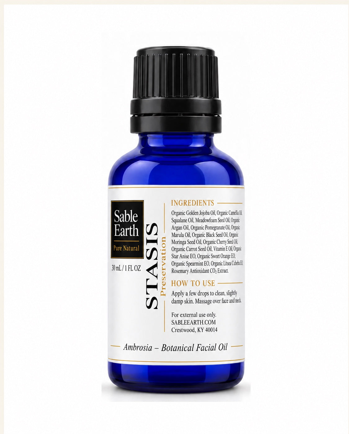 Sable Earth STASIS Preservation Ambrosia Botanical Facial Oil in cobalt blue glass bottle with white label